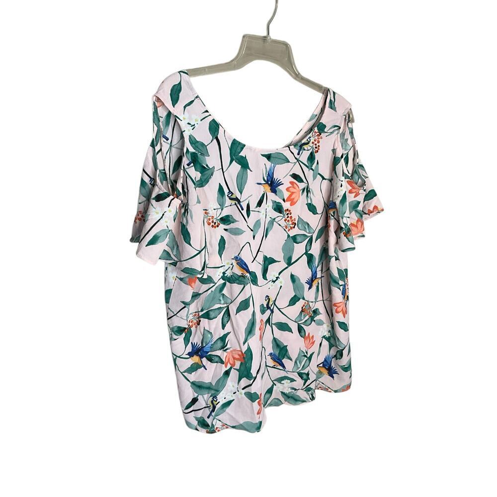 C&E Floral Birt Print Cold‎ Shoulder Top V-Neck Pullover Pink/Multi Size M NWT